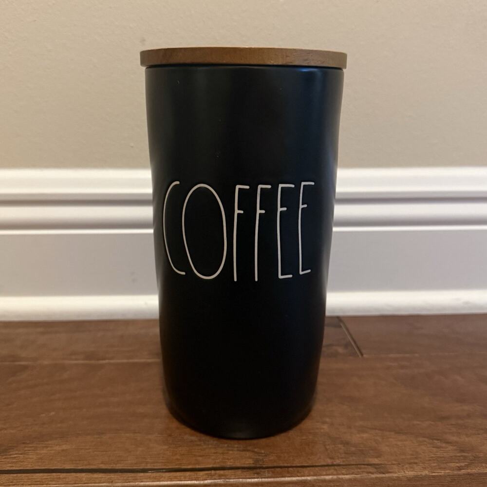Rae Dunn Black Ceramic Coffee Canister w/ Acacia Wood Lid 32 oz Artisan